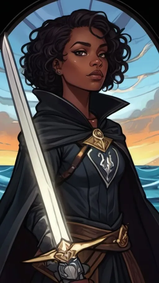 Prompt: A young darkskinned islander storm sorceress with short black hair wearing an oversized black cloak that billows in the wind and baggy pirate clothes. She wields a long slender glowing silver sword wreathed in floating lightning and liquid white energy. she stands proudly on the mast of a medieval sailing ship. dungeons and dragons style ,high contrast, color enhance