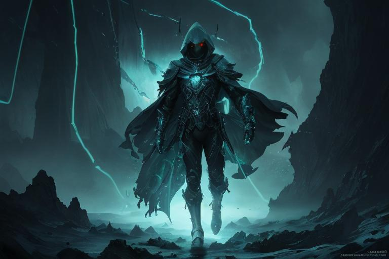 Prompt: An abnormally tall and lanky male humanoid hunched forward in nanotech armor. His face is covered with a metal mask with beady glowing Green eyes under a black hood. He stands on a Rock amidst a series of islands floating in the air surrounded by an ethereal black and teal mist. behance HD