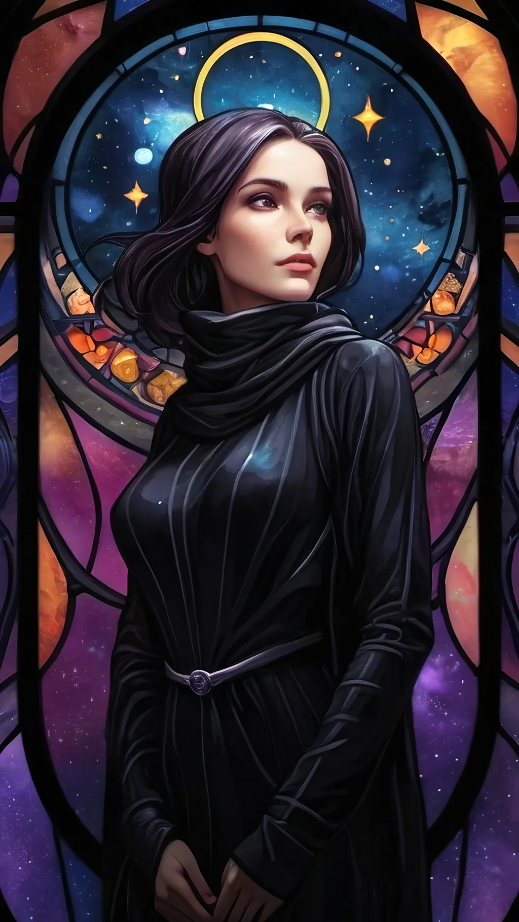 Prompt: A futuristic lanky elegant female seer Floating aimlessly in the dark depths of space. She is wearing an intricate organic baggy black dress with a black cowl. There are plentiful stars and galaxies in the blackened night. Color enhance, High contrast, vector style, enhance reflections