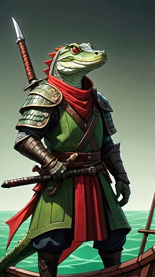 Prompt: A green lizardfolk alligator samurai with glowing amber eyes, pale scales, large red fins, baggy brown clothes and a long sheathed katana. He is standing on the edge of a medieval sailing ship. dungeons and dragons, high contrast, color enhance, greyscale