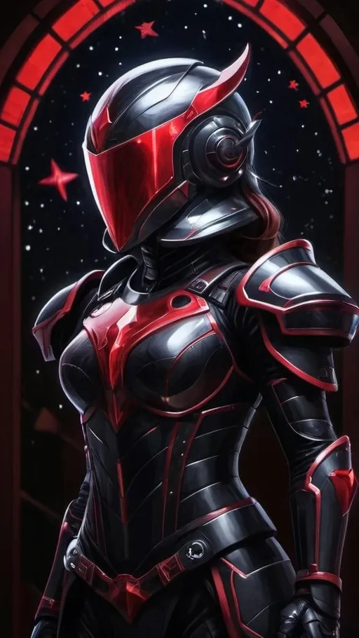 Prompt: A futuristic female warrior in light nanotech black armor with a black helmet which reflect the plentiful stars in the black night sky. He is holding bulky crimson gauntlets and is floating distantly in the dark depths of space. Color enhance, High contrast, vector style, enhance reflections