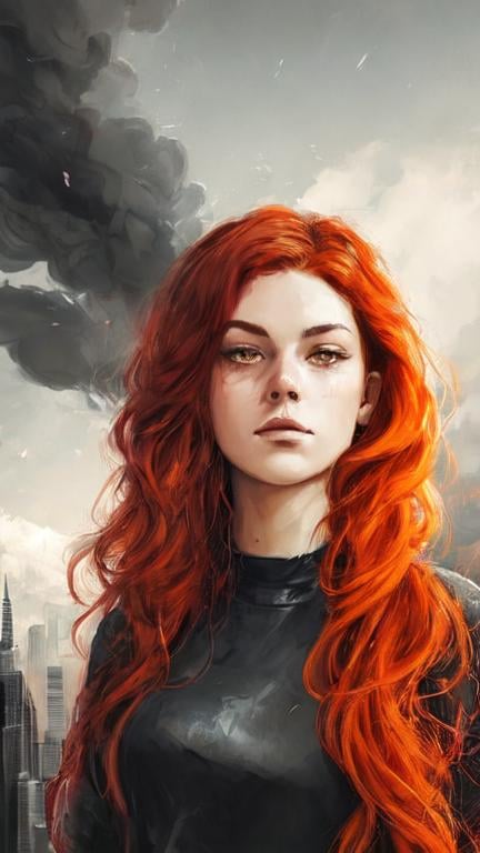 Prompt: a Caucasian woman with long curly red hair in baggy black clothes with two knives crouching on the tip of a roof overlooking a sprawling dystopian fantasy city. She is surrounded with glowing red crystals. the sky is dark and ash and smoke. Behance hd,
