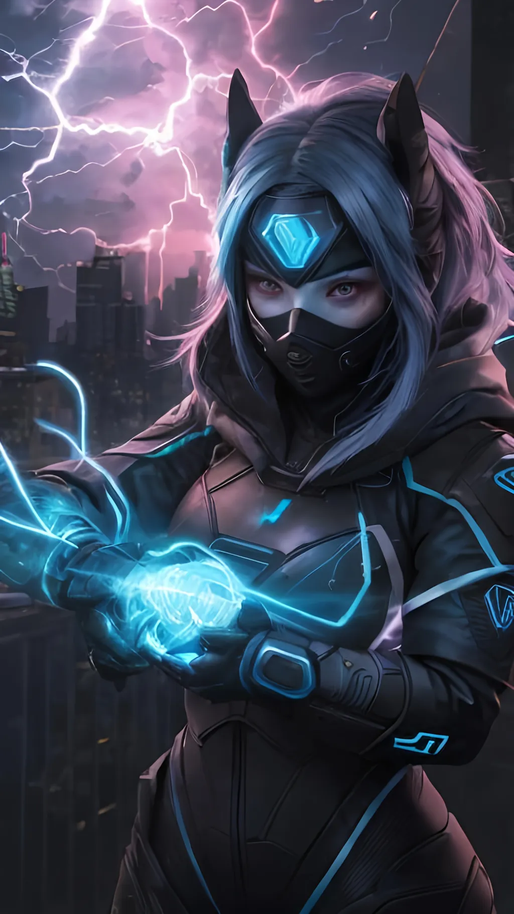 Prompt: A Caucasian female superhero wreathed in blue lightning with a black, grey and cyan tactical suit with a dark mask and black hood jumping off the top of an urban roof. She has tied back pink hair and glowing red eyes. She is surrounded by cyan electrical energy and has cyan light coming from her hands. behance HD