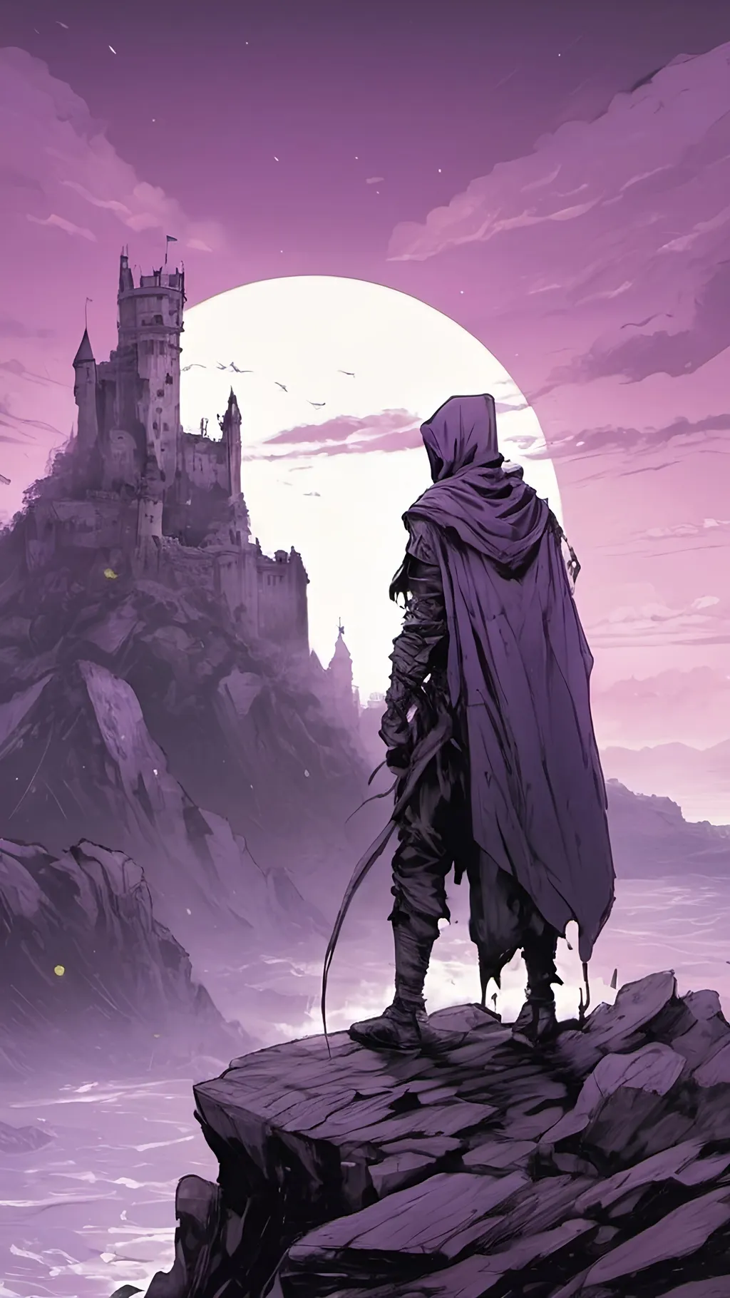 Prompt: A cryptic and majestic corpse reanimated with glowing Purple arcane runes and channels running across their decayed skin. He is wearing baggy black clothes and a Purple bandanna. He is standing on a stone outcrop overlooking a vast sea with a ruined castle in the distance. High contrast, color enhance