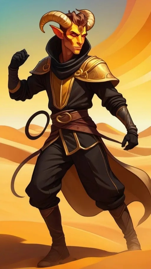 Prompt: A beige lanky male Tiefling with a sturdy build wearing black baggy clothes and a cowl in a low dancing stance magically kicking up a sandstorm with vibrant golden light shining through the sand. Vector Style, Color enhance, high contrast, Fantasy Style