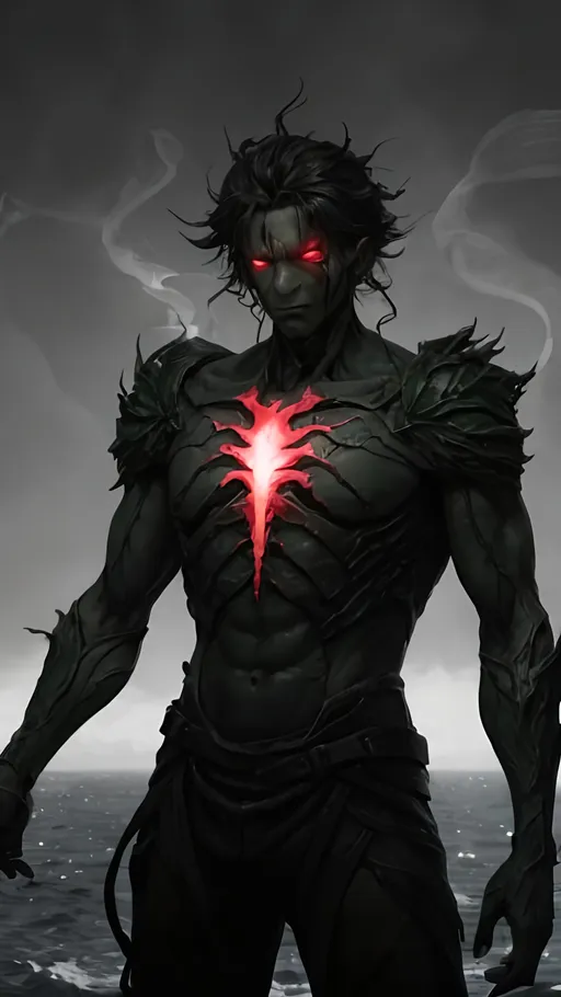 Prompt: A clump of swirling green biomass and grey bone tendrils in a generally male humanoid shape, transforming, shifting and churning into a normal male human. He is radiating thick black smoke with red light shining out of the cracks. He is standing at the stern of a ship on the open sea.