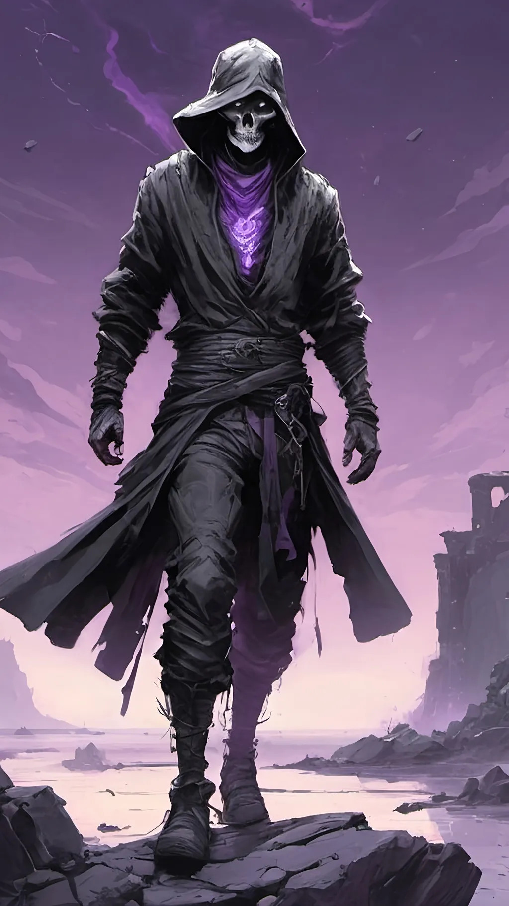 Prompt: A cryptic and majestic corpse reanimated with glowing Purple arcane runes and channels running across their decayed skin. He is wearing baggy black clothes and a Purple bandanna. He is standing on a stone outcrop overlooking a vast sea with a ruined castle in the distance. High contrast, color enhance