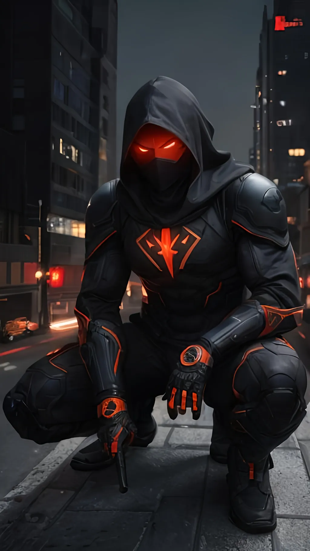 Prompt: A Caucasian male superhero with a black, grey and orange tactical suit with a dark mask with intensely glowing red eyes and a black hood, crouching on the top of an urban roof fixated on the street below. behance HD