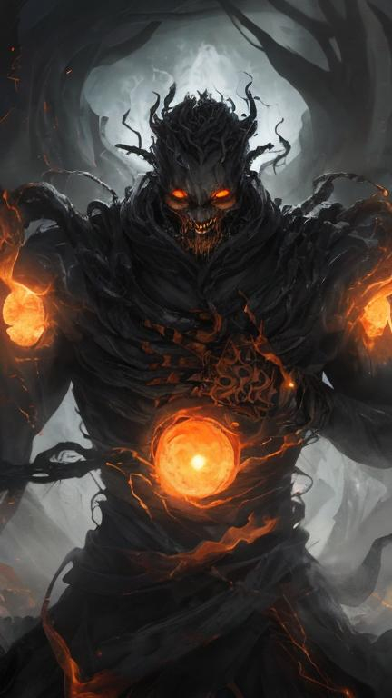 Prompt: A clump of swirling orange biomass and grey bone tendrils in a generally male humanoid shape, transforming, shifting and churning into a normal male human. He is radiating thick black smoke with orange light shining out of the cracks.