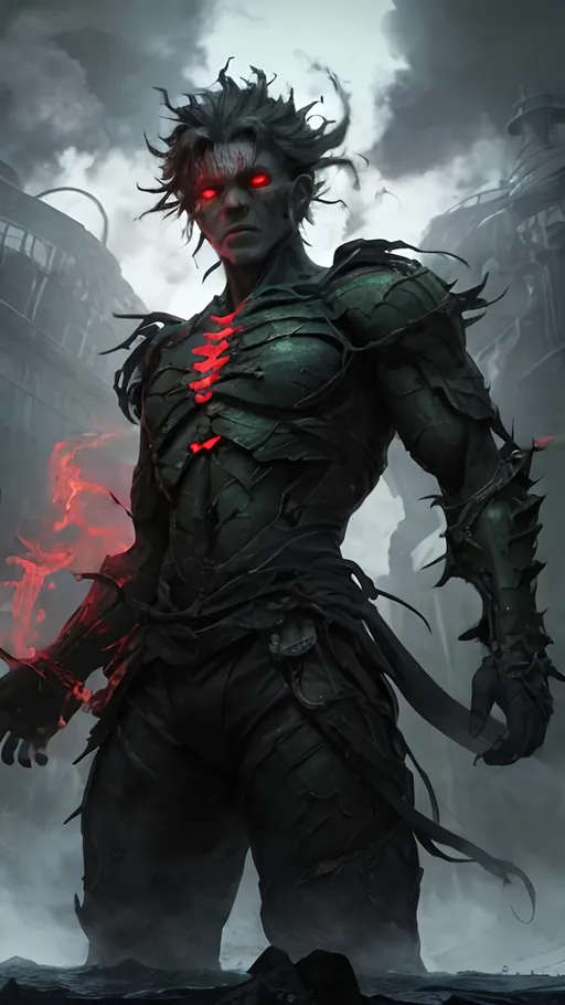 Prompt: A clump of swirling green biomass and grey bone tendrils in a generally male humanoid shape, transforming, shifting and churning into a normal male human. He is radiating thick black smoke with red light shining out of the cracks. He is standing at the stern of a ship on the open sea.