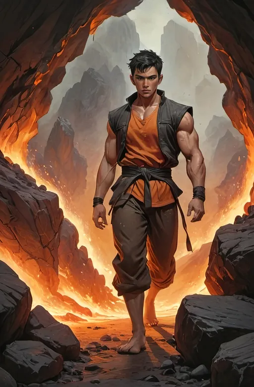 Prompt: A lean male martial-artist with short black hair and heavy burn scars on his hands and forearms. In the middle of the night, he is lit only by the orange light of nearby lava channels. He is wearing a vest and baggy brown pants. He is standing barefoot in the middle of a rocky field with chunks of rock and magma floating in the air around him. watercolor style, painted, dark fantasy