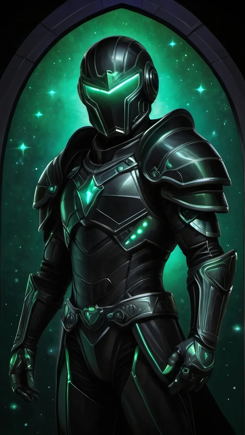 Prompt: A futuristic lanky male warrior in light nanotech black armor with a black helmet which reflect the plentiful stars in the black night sky. He is holding Green gauntlets and is floating distantly in the dark depths of space. Color enhance, High contrast, vector style, enhance reflections