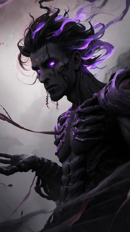 Prompt: A clump of swirling red biomass and grey bone tendrils in a generally male humanoid shape, transforming, shifting and churning into a normal male human. He is radiating thick black smoke with purple light shining out of the cracks.