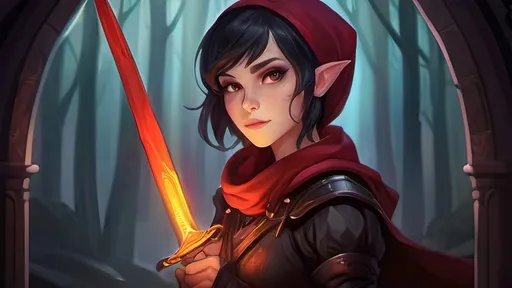 Prompt: A short female elf with short black hair wearing baggy black clothes with a long maroon scarf. She is wielding a Glowing crimson katana and is surrounded by a thick misty fog with floating vibrant crimson lights piercing through. Vector style, Color Enhance