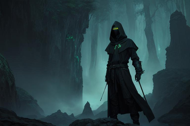 Prompt: An abnormally tall and lanky male humanoid hunched forward wearing baggy black clothes. his face is covered with a metal mask with beady glowing Green eyes under a black hood. He stands on a Rock amidst a series of islands floating in the air surrounded by an ethereal black and teal mist. behance HD