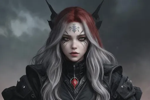 Prompt: a Caucasian woman with wild long red hair in baggy black clothes. Her face is covered in warframe-metallic-silver-tattoos surrounding one eye. The sky is dark and filled with ash and smoke. Behance hd,