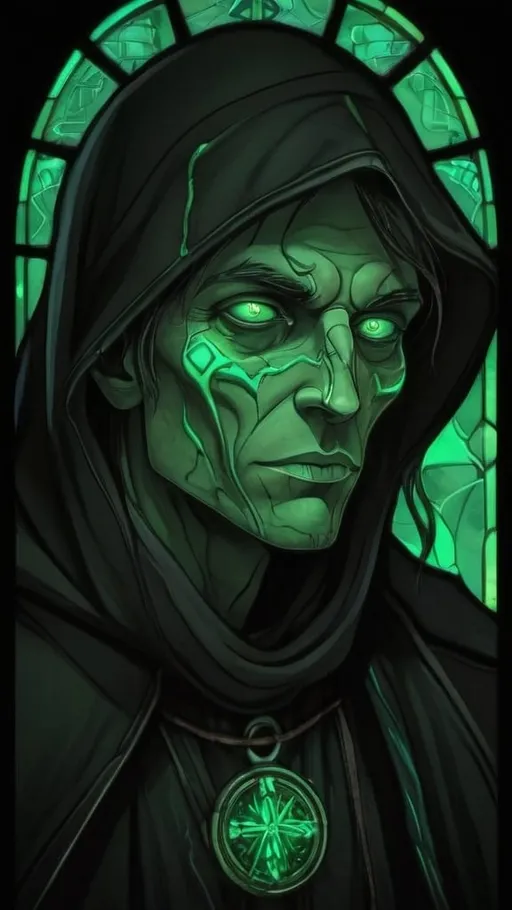 Prompt: A cryptic corpse reanimated with glowing green arcane runes and channels running across their decayed skin. Hes wearing baggy black clothes and a green bandanna. Vector style, color enhance