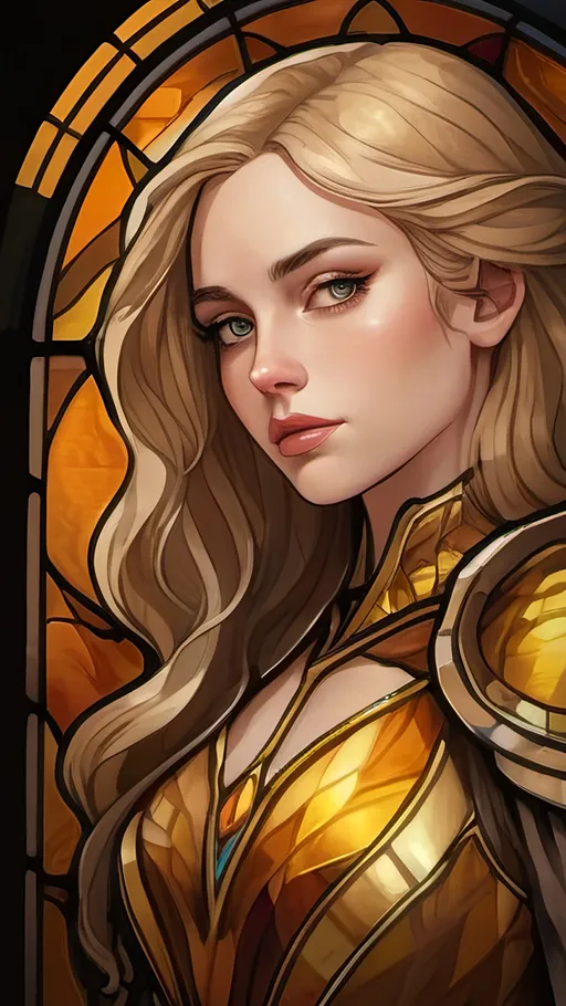 Prompt: An elegant young female seer with angular features, wearing a long sleeved golden dress. She has pale skin and Long golden hair. Her face has a hidden sadness behind her tired eyes. Fantasy style, Vector Style, color enhance