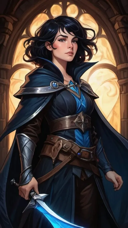 Prompt: A young islander storm sorceress with short black hair wearing an oversized black cloak that billows in the wind and baggy pirate clothes. She wields a long slender glowing blue sword wreathed in floating lightning and liquid blue energy. she stands proudly on the mast of a medieval sailing ship. dungeons and dragons style ,high contrast, color enhance