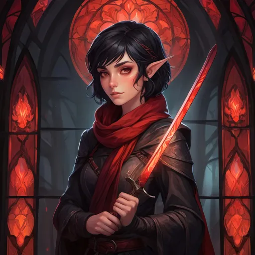 Prompt: A short female elf with messy thick short black hair wearing baggy black clothes with a long maroon scarf. She is drawing a Glowing crimson katana and is surrounded by a thick misty fog with floating vibrant crimson lights piercing through. Vector style, deep colors, rtx enabled