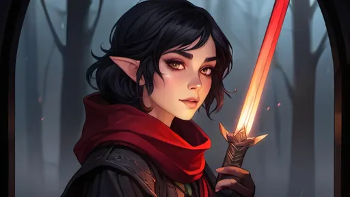 Prompt: A short female elf with messy thick short black hair wearing baggy black clothes with a long maroon scarf. She is drawing a Glowing crimson katana and is surrounded by a thick misty fog with floating vibrant crimson lights piercing through. Vector style, deep colors, rtx enabled