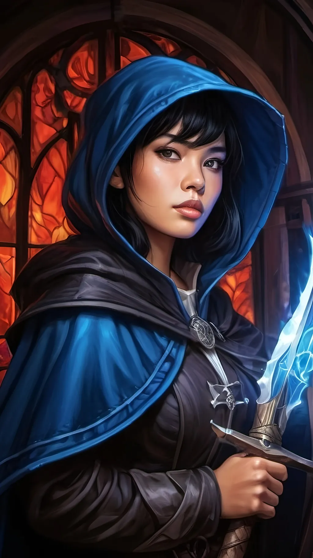 Prompt: A young Filipino storm sorceress with short black hair wearing a black cloak that billows in the wind with an oversized hood and baggy pirate clothes. She wields a mystical glowing blue katana wreathed in floating lightning and liquid white energy. she stands proudly on the mast of a medieval sailing ship. dungeons and dragons style ,high contrast, color enhance