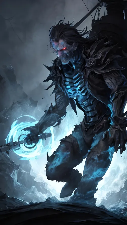 Prompt: A clump of swirling blue biomass and grey bone tendrils in a generally male humanoid shape, transforming, shifting and churning into a normal male human. He is radiating thick black smoke with red light shining out of the cracks. He is standing at the stern of a ship on the open sea.