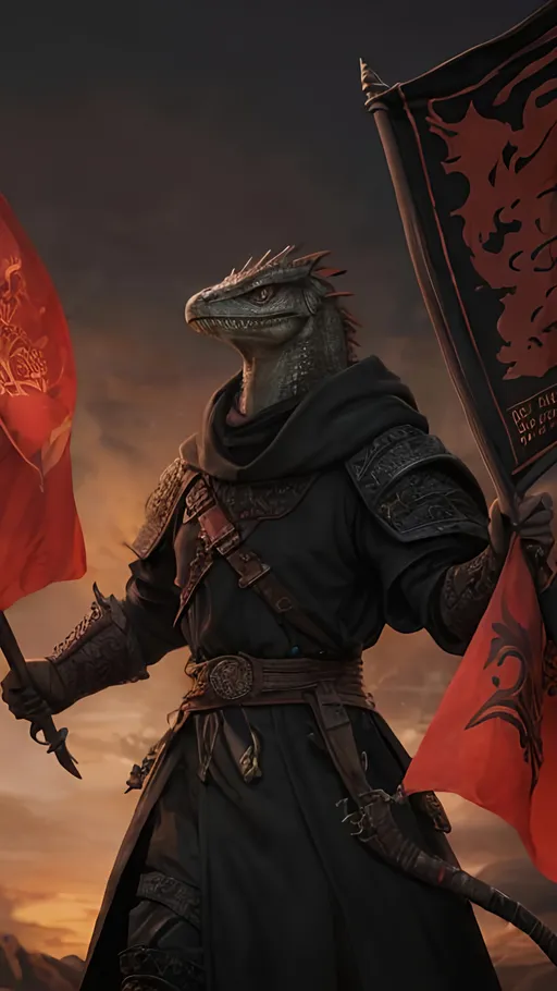 Prompt: a strong lizardfolk samurai wearing a black cloak holding aloft a red banner. D&D setting, high quality, intricate details, highly detailed