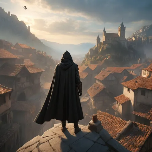 Prompt: A dramatic, high contrast scenic view of a medieval city with a lone assassin in a black cloak standing on the peak of a roof looking down on a mass of roaming citizens. Sunrise, color enhance, assassins creed