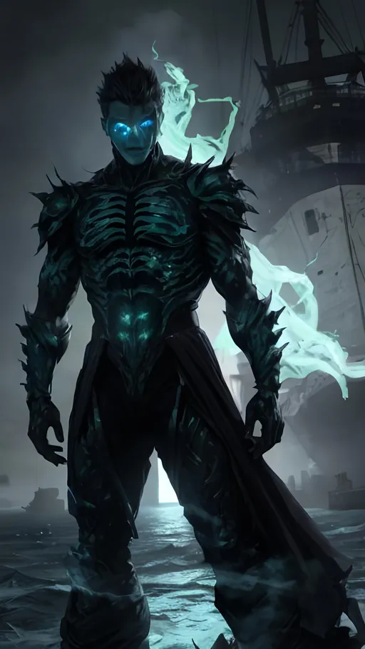 Prompt: A clump of swirling green biomass and grey bone tendrils in a generally male humanoid shape, transforming, shifting and churning into a normal male human. He is radiating thick black smoke with blue light shining out of the cracks. He is standing at the stern of a ship on the open sea.