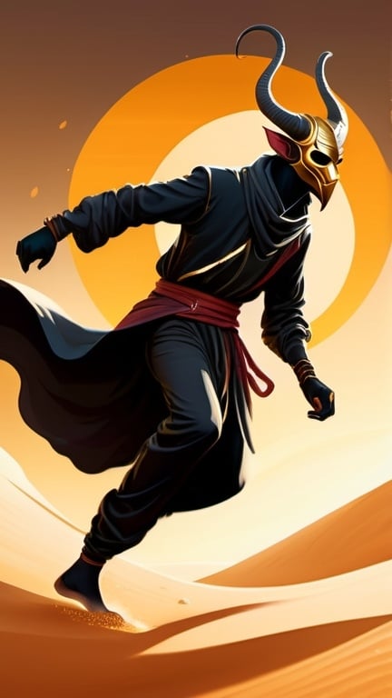 Prompt: A beige lanky male Tiefling with a sturdy build wearing black baggy clothes and a mask in a low dancing stance magically kicking up a sandstorm with vibrant golden light shining through the sand. Vector Style, Color enhance, high contrast, Fantasy Style