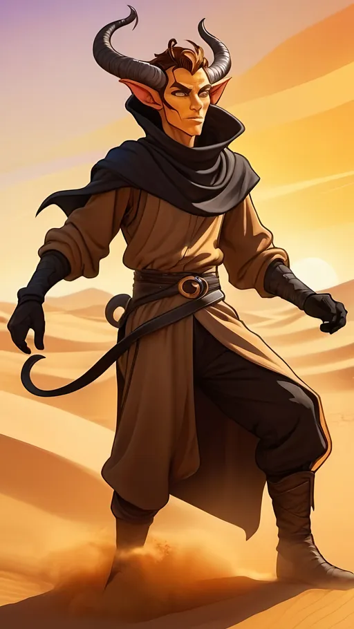 Prompt: A beige lanky male Tiefling with a sturdy build wearing black baggy clothes and a cowl in a low dancing stance magically kicking up a sandstorm with vibrant golden light shining through the sand. Vector Style, Color enhance, high contrast, Fantasy Style