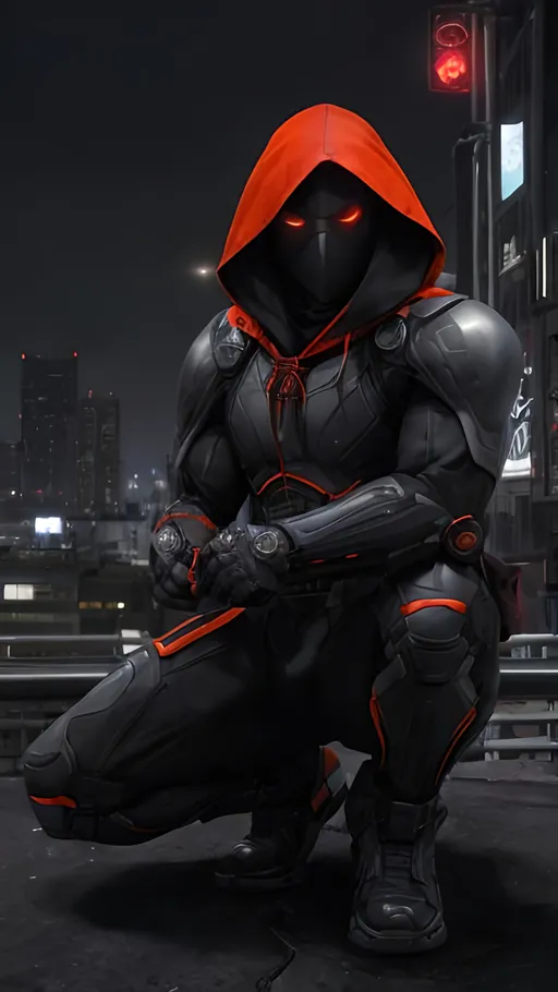 Prompt: A Caucasian male superhero with a black, grey and orange tactical suit with a dark mask with intensely glowing red eyes and a black hood, crouching on the top of an urban roof fixated on the street below. behance HD