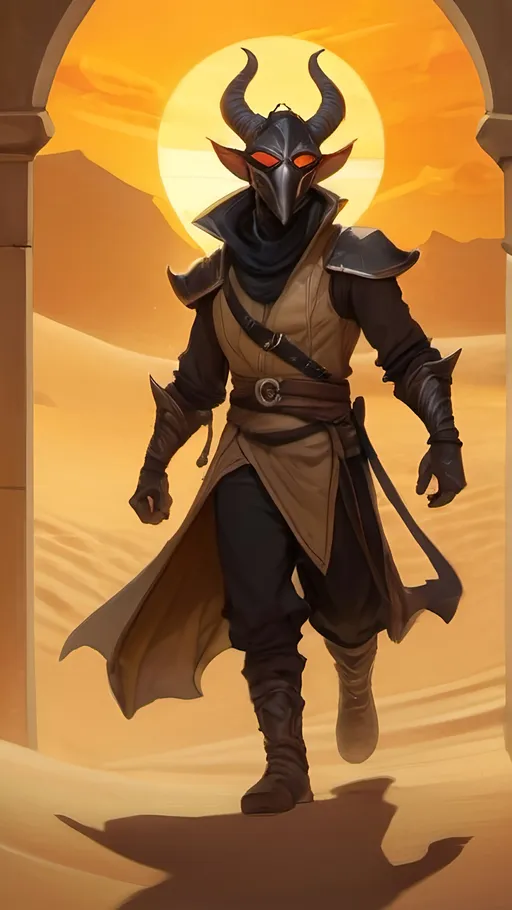 Prompt: A beige lanky male Tiefling with sturdy horns and a sturdy build covered in sand, wearing black baggy clothes and a mask in a low stance magically kicking up a sandstorm with vibrant golden light shining through the sand. Vector Style, Color enhance, Fantasy Style