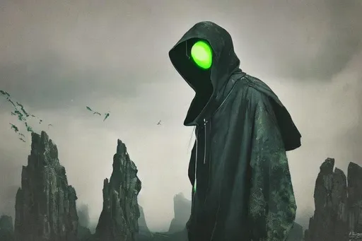 Prompt: An abnormally tall and lanky male humanoid hunched forward wearing baggy black clothes. his face is covered with a metal mask with beady glowing Green eyes under a black hood. He stands on a Rock amidst a series of islands floating in the air surrounded by an ethereal black and teal mist. behance HD