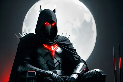 Prompt: An abnormally tall and lanky humanoid hunched over in nanotech armor with spines and metal protrusions. He has a black cape and is sitting ominously on a floating mechanical chair. His face is covered with a metal mask with beady glowing red eyes under a black hood. behance HD