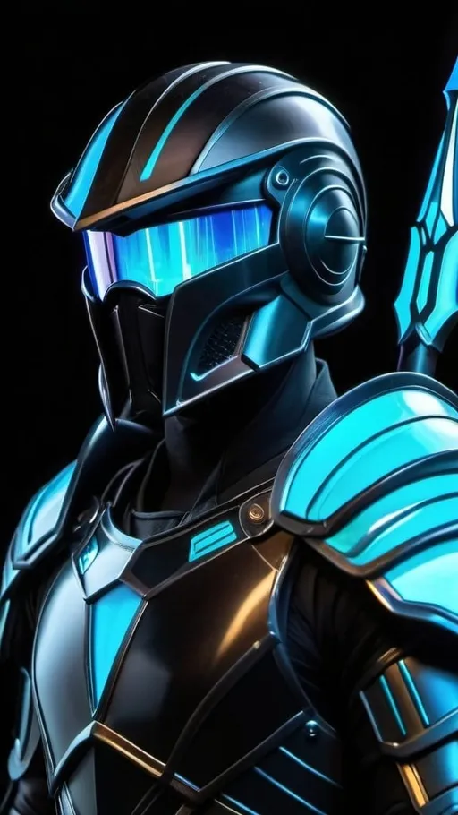 Prompt: A futuristic male warrior in light nanotech black armor with a black helmet with two blue visor slits. He is holding a long glowing cyan spear