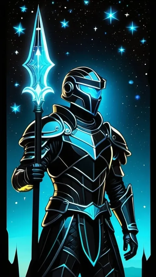 Prompt: A futuristic male warrior in light nanotech black armor with a black helmet which reflect the plentiful stars in the black night sky. He is holding a long glowing cyan spear and is floating distantly in the dark depths of space. Color enhance, High contrast, vector style