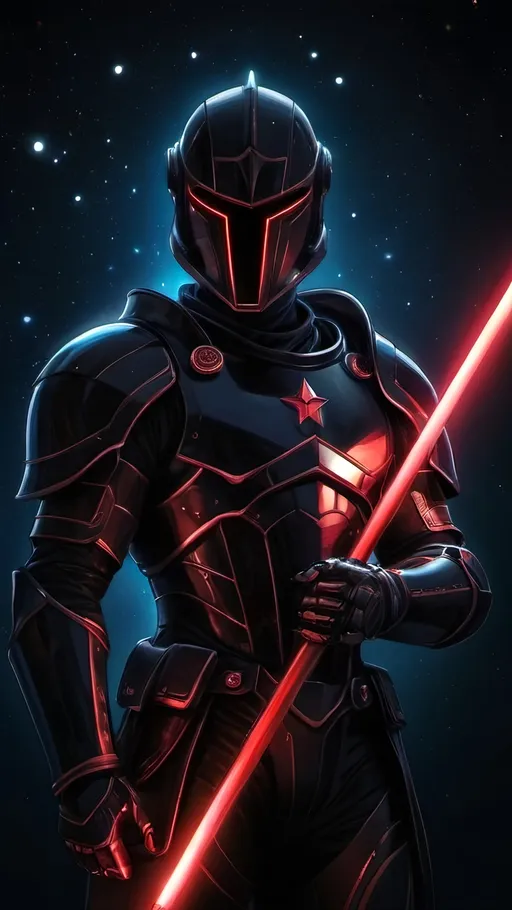 Prompt: A futuristic male warrior in light nanotech black armor with a black helmet which reflect the plentiful stars in the black night sky. He is holding a long glowing crimson spear and is floating distantly in the dark depths of space. Color enhance, High contrast, vector style