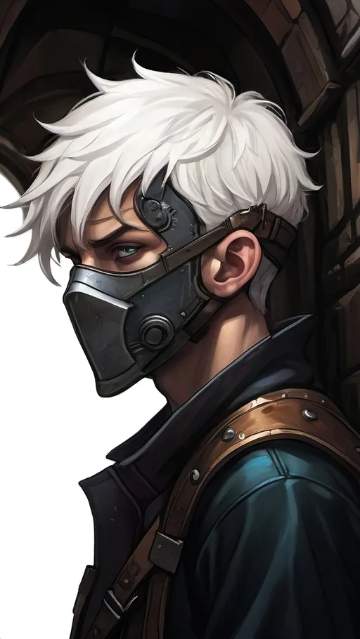 Prompt: A young lanky male artificer with a mechanical-full-face-mask covering his eyes and is missing his right arm. He has short white hair and a plethora of guns. He is lurking in the depths of a medieval alleyway. Fantasy style, Vector style, high contrast, color enhance