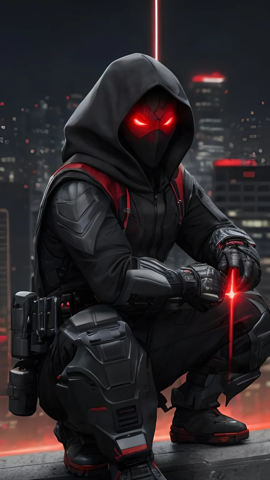 Prompt: A Caucasian male superhero with a black, grey and red tactical suit with a dark mask and black hood crouching on the top of an urban roof. He is shooting crimson energy lasers from his hands. behance HD