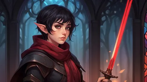 Prompt: A short female elf with messy thick short black hair wearing baggy black clothes with a long maroon scarf. She is drawing a Glowing crimson katana and is surrounded by a thick misty fog with floating vibrant crimson lights piercing through. Vector style, deep colors, rtx enabled