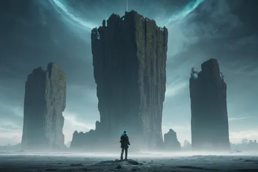 Prompt: A tall and lanky male humanoid is dwarfed by the great expanse of ralien terrain filled with desolate ruined buildings and empty space. He stands on a Rock amidst a series of islands and broken buildings floating detached in the air surrounded by an ethereal black and teal mist. behance HD