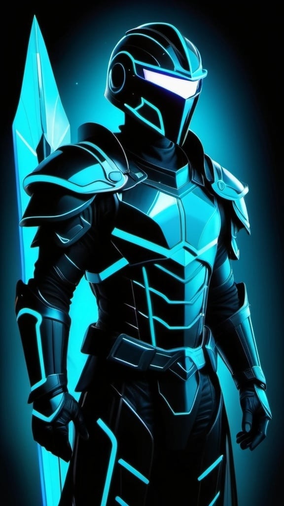 Prompt: A futuristic male warrior in light nanotech black armor with a black helmet with two blue visor slits. He is holding a long glowing cyan spear and is floating distantly in the dark depths of space. Color enhance, High contrast, vector style