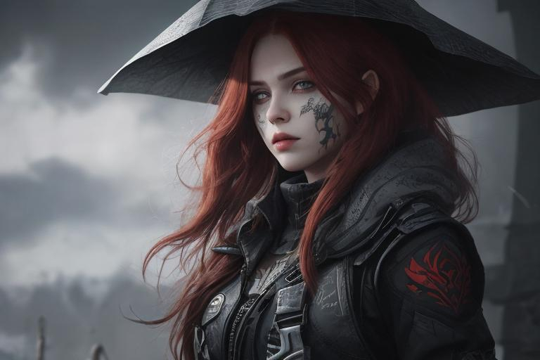 Prompt: a Caucasian woman with wild long red hair in baggy black clothes. Her face is covered in warframe-metallic-silver-tattoos surrounding one eye. The sky is dark and filled with ash and smoke. Behance hd,