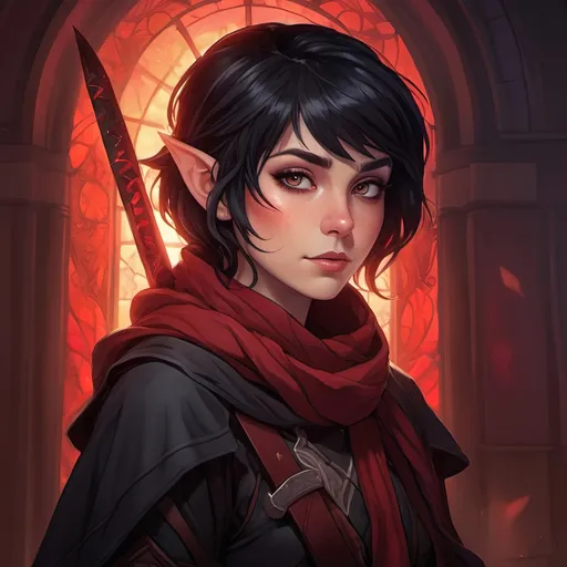 Prompt: A short female elf with messy thick short black hair wearing baggy black clothes with a long maroon scarf. She is drawing a Glowing crimson katana and is surrounded by a thick misty fog with floating vibrant crimson lights piercing through. Vector style, deep colors, rtx enabled