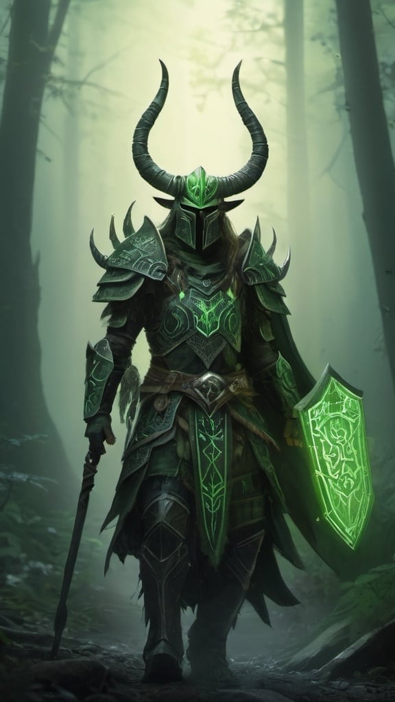 Prompt: A tall male druid paladin wearing intricate green runic armor covered with bone shards with an ambient glowing mist. He has a full face helmet with long organic horns. color enhance, high contrast, fantasy style