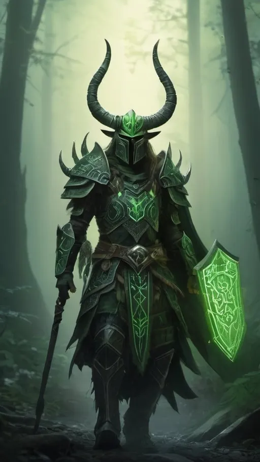 Prompt: A tall male druid paladin wearing intricate green runic armor covered with bone shards with an ambient glowing mist. He has a full face helmet with long organic horns. color enhance, high contrast, fantasy style