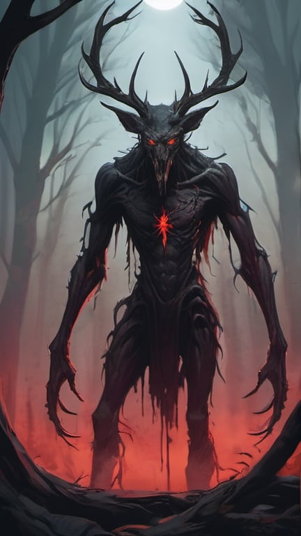 Prompt: A Vague, dark and menacing mass of dripping ink in the form of a beastial wendigo with red eyes creeping quietly in the distance, looming behind a pale tree at the dead of night. color enhance, fantasy style, full body