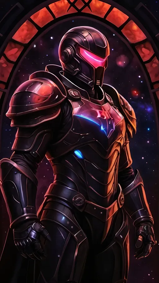 Prompt: A futuristic male warrior in light nanotech black armor with a black helmet which reflect the plentiful stars in the black night sky. He is holding bulky crimson gauntlets and is floating distantly in the dark depths of space. Color enhance, High contrast, vector style